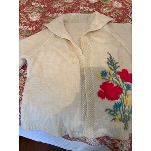 Hand Knit Sailor Collar Floral Intarsia Open Cardigan Cream S/M